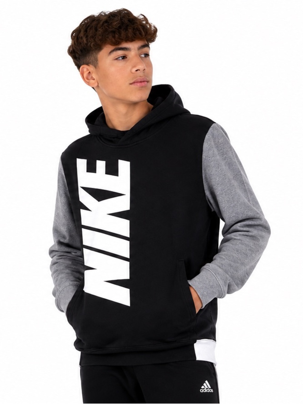 Nike Boys Sportswear Amplify Pullover Hoodie Black Gray Colorblock Youth L